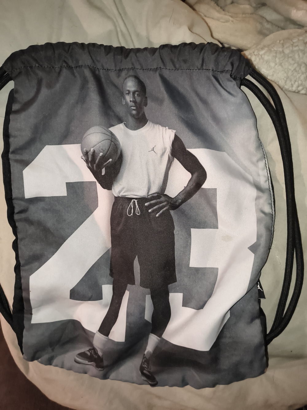 Jordan Black and White Graphic Drawstring Backpack